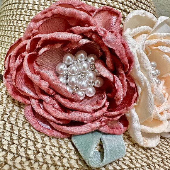 Special Event Elegant Women\'s Tweed Sun Hat With Satin Flowers And Pearls (NEW)